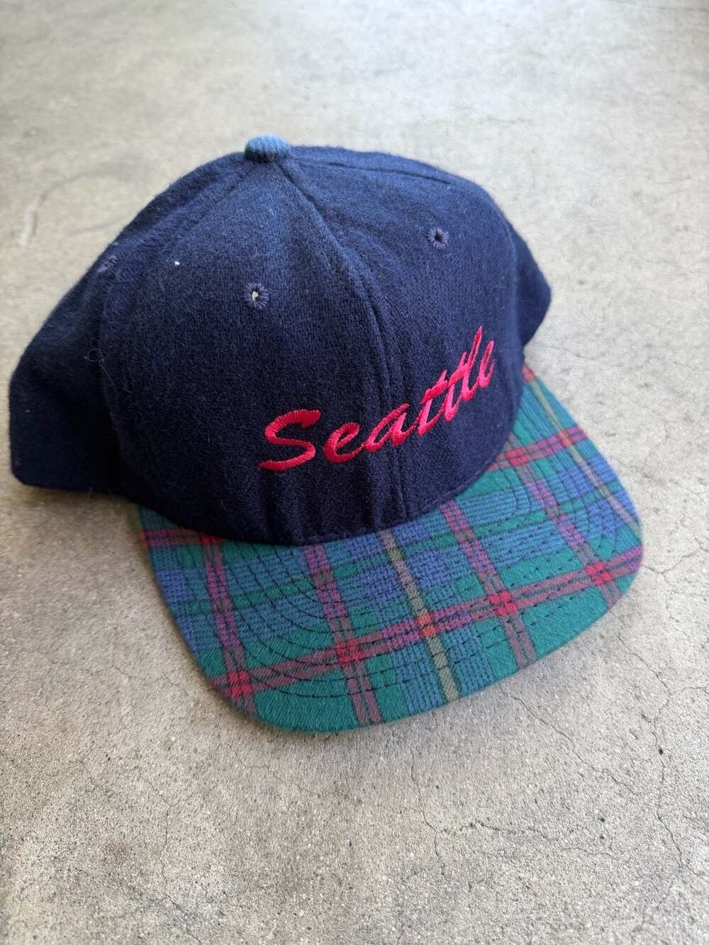 Vintage Seattle Snapback Hat Wool Plaid Brim Made in USA One Size